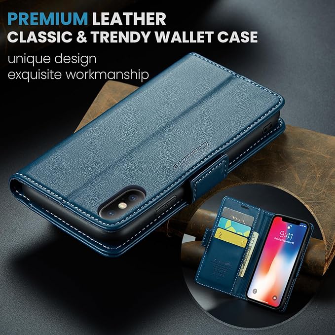for iPhone Xs Max Case, Premium PU Leather Wallet Case Flip Cover with [RFID Blocking][Card Holder][Stand Function] Shockproof Protective for iPhone Xs Max 6.5", Blue
