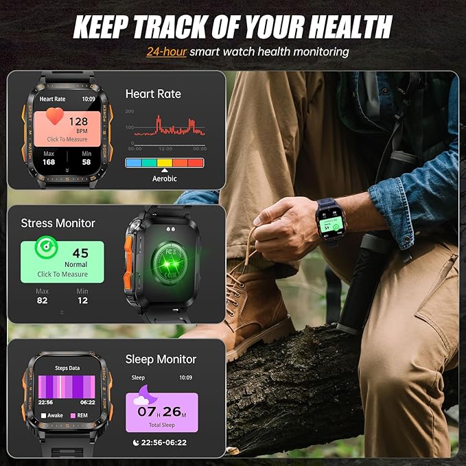 Military Smart Watch for Men with LED Flashlight/UV Light 3ATM Waterproof 1.96" Big Screen Rugged Tactical Smartwatch with Text and Call Fitness Tracker with HR/Sleep Monitor for iPhone Android