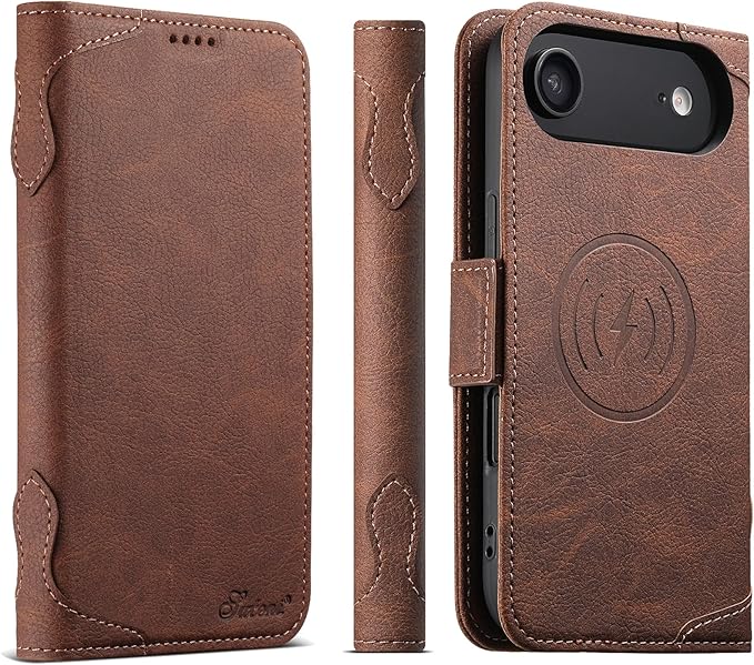 Leather Magnetic Wallet Case for iPhone 17 Air Compatible With MagSafe & Wireless Charging, 3 Card Slots & ID Holder, Kickstand, 360° Military Shockproof Protection for phone17air Premium Brown