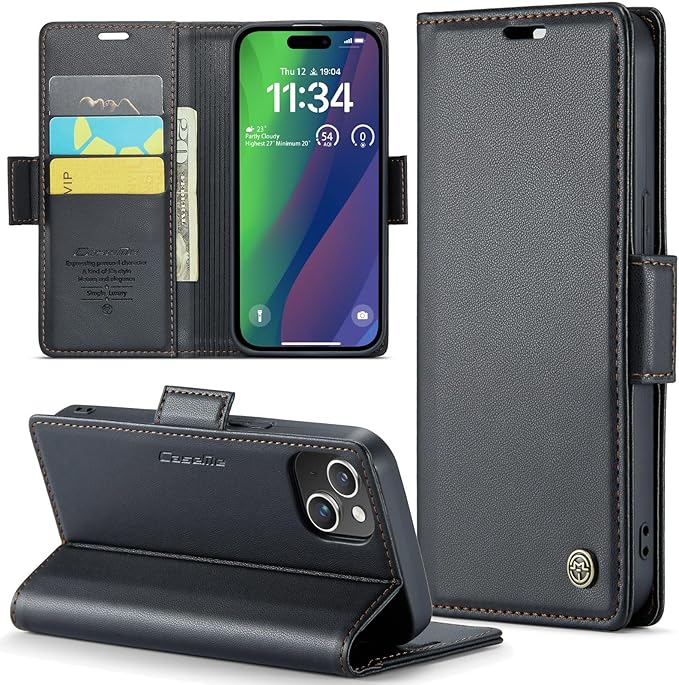 for iPhone 15 Case, Premium PU Leather Wallet Case Flip Cover with [RFID Blocking][Card Holder][Stand Function] Shockproof Protective for iPhone 15 Case, Black
