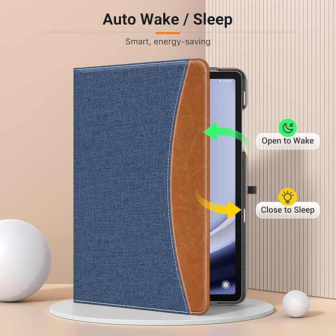 MoKo Case for Samsung Galaxy Tab A9 Plus 11" 2023 (SM-X210/SM-X216/SM-X218), PU Leather Multi-Angle Viewing Folding Stand Cover Case with Hand Strap, Front Pocket, Auto Wake/Sleep, Denim Blue & Brown