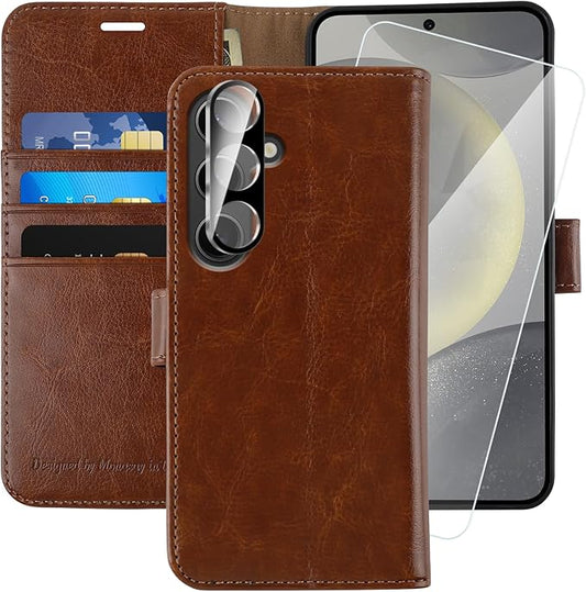 MONASAY Wallet Case Fit for Samsung Galaxy S24 5G, [Lens & Glass Screen Protector Included] [RFID Blocking] Flip Folio Leather Cell Phone Cover with Credit Card Holder, 6.2 inch, Brown