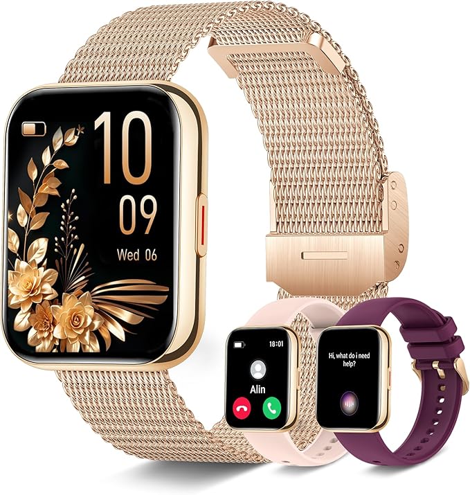 Smart Watch for Women(Answer/Dial Calls) 1.81" HD AI Voice Smartwatch with Fitness Tracker/Step Counter/Heart Rate Sleep Monitor, 120+ Sports Modes, IP68 Waterproof for Android/iOS, Gold/3 Bands