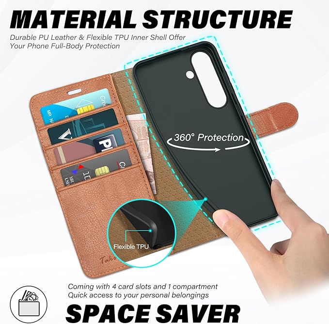 TUCCH Wallet Case for Galaxy S25 5G with [TPU Shockproof Interior Case] [RFID Blocking] Folio Stand Card Slot, Magnetic PU Leather Protect Folio Cover Compatible with Galaxy S25 6.2" 2025, Light Brown