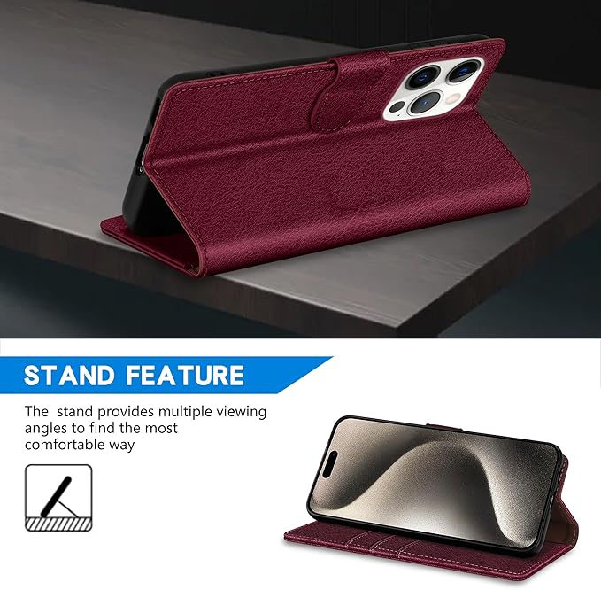 ZZXX for iPhone 15 Pro Max Wallet Case with [RFID Blocking] Card Slot Kickstand Magnetic Closure Leather Flip Fold Protective Phone Case for iPhone 15 Pro Max Case Wallet(Wine Red-6.7 inch)