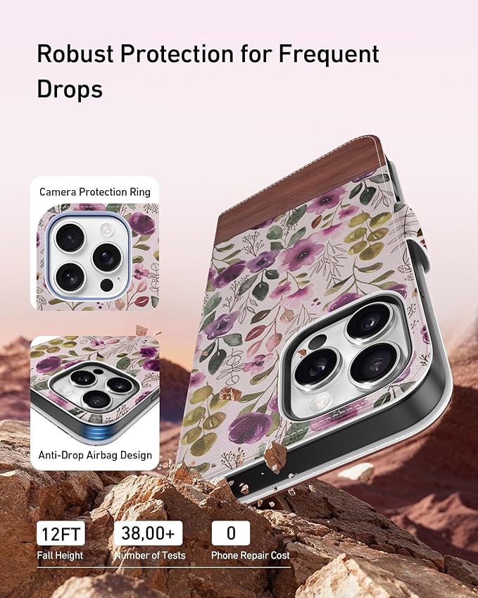 DEENAKIN for iPhone 16 Pro Max Wallet Case with Card Holder + Cash Clip, RFID-Blocking, Military-Grade Drop Protection, Magnetic Closure with Leather Kickstand - Floral Wallpaper