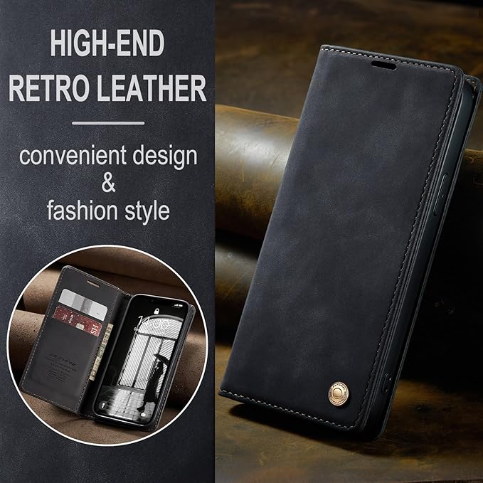 QLTYPRI Case for iPhone 16e, Vintage PU Leather Wallet Case Card Slot Kickstand Magnetic Closure Shockproof Flip Folio Cover for iPhone 16e - Black