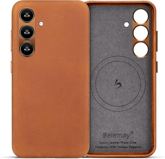 Belemay Leather Case for Samsung Galaxy S24 Compatible with Magsafe - Premium Crazy Horse Leather [Vintage Aesthetics] Unique Patina, Comfort Grip, Metal Buttons, Slim&Soft Cover (6.2") Tan Brown