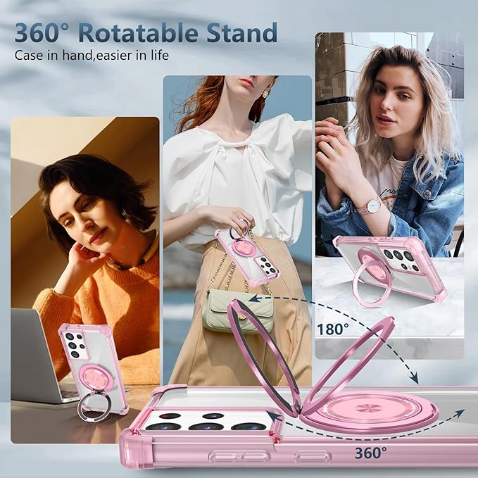 for Samsung Galaxy S21 Ultra Case Magnetic Compatible with MagSafe Wireless Charging,for S21 Ultra Case Built-in Kickstand Ring,with Screen Protector Military Grade Protection Shockproof Pink