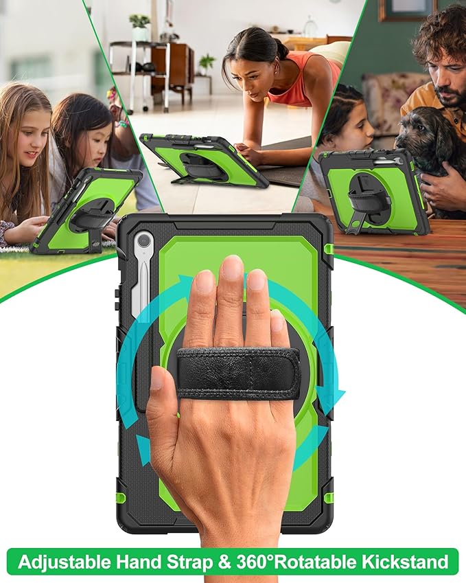 Case for Samsung Galaxy Tab S10 FE Plus 5G Tablet 13.1'', Shockproof Protective Cover with Tempered Glass Screen Protector, Rotatable Kickstand, S Pen Holder, Hand/Shoulder Strap, Green