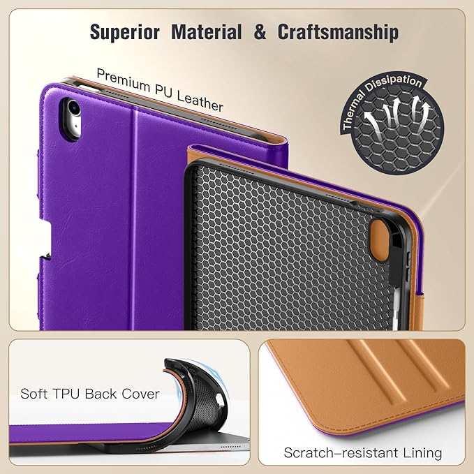 MoKo for iPad (A16) 11th Generation Case 11 inch 2025, iPad 10th Generation Case 10.9" 2022 with Pencil Holder & Pocket, Premium Leather Folio Stand Cover, Multiple Viewing Angles, Purple Violet