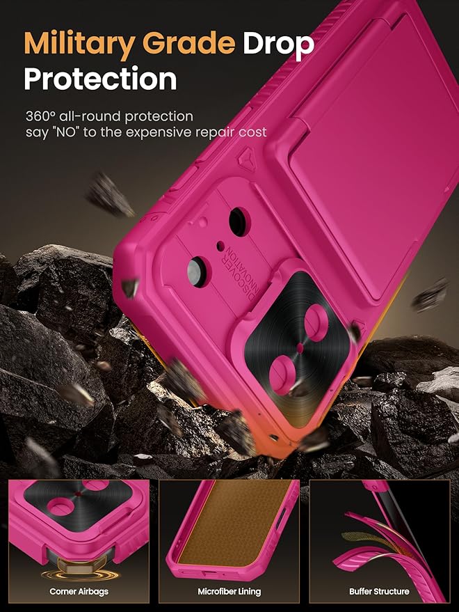Vihibii for iPhone 17 Pro Case Wallet with Card Holder (4 Cards) [RFID Blocking] & Slide Lens Cover & Raised Edges Protect Screen, Shockproof Rugged Phone Cover Case for iPhone 17 Pro 2025, Hot Pink