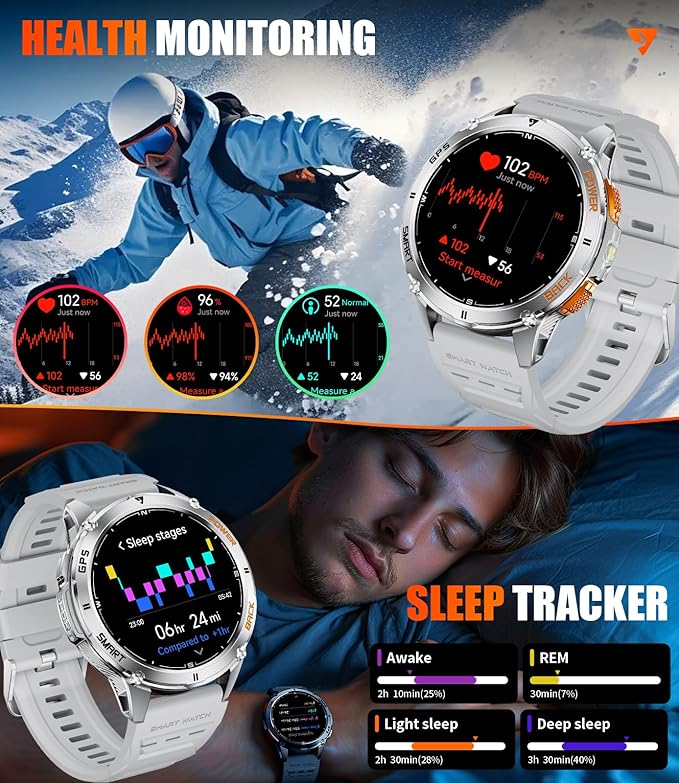 GPS Smart Watch for Men LED Flashlight, 530mAh Extra Large Battery, 1.43'' AMOLED Military Smartwatch Answer/Make Call with Heart Rate SpO2 Sleep Monitor for Android iOS Silver