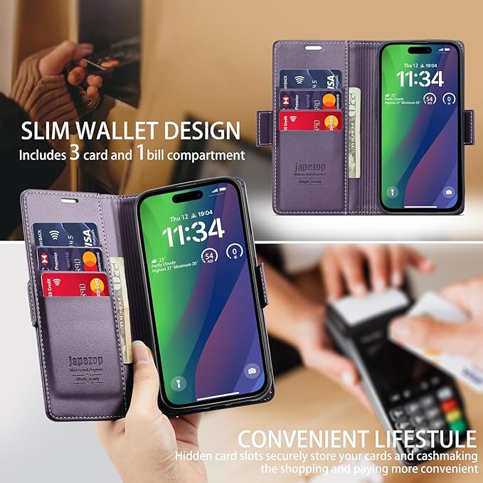 japezop iPhone 15 5G Wallet Case with [RFID Blocking],Card Holder Kickstand Magnetic,Leather Flip Case Wallet for iPhone 15 5G 6.1 Inch (Fashion Purple)