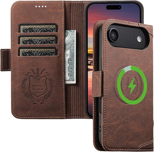 Leather Magnetic Wallet Case for iPhone 17 Air Compatible With MagSafe & Wireless Charging, 3 Card Slots & ID Holder, Kickstand, 360° Military Shockproof Protection for phone17air Premium Brown