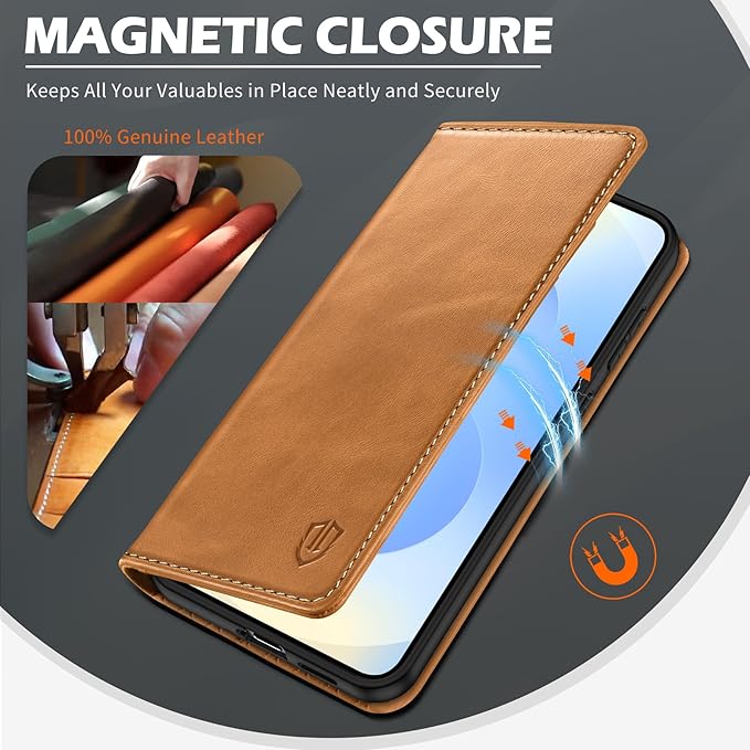 SHIELDON Case for Galaxy S25 Edge 5G 6.7", Genuine Leather Wallet Flip Book RFID Blocking Card Holder Kickstand Shock Absorbing Protection Case Compatible with Galaxy S25 Edge - Retro Light Brown