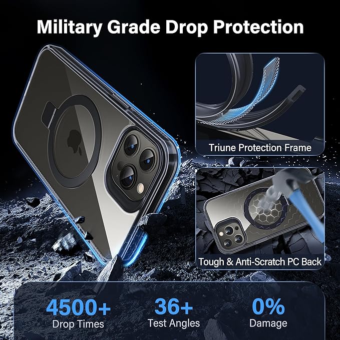 Magnetic Case for iPhone 13 Pro Max - [Built-in Invisible Stand] [Compatible with MagSafe] [Military Grade Drop Protection] Anti-Yellowing Hard Back Silicone Edge Cover, 6.7", Clear Black