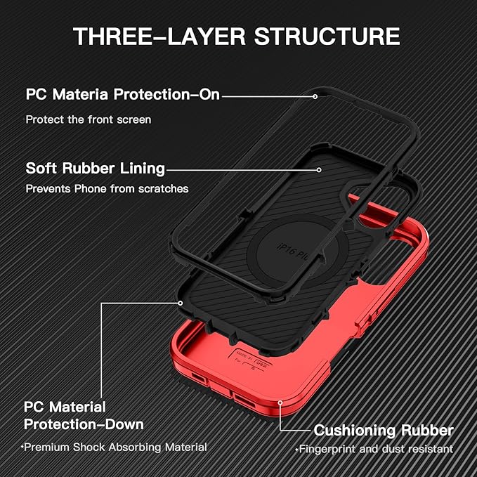 for iPhone 16 Plus Case [Compatible with MagSafe] Shockproof 3-Layer Full Body Protection [Without Screen Protector] Rugged Heavy Duty Cover Case for Apple iPhone 16 Plus 6.7",Red/Black