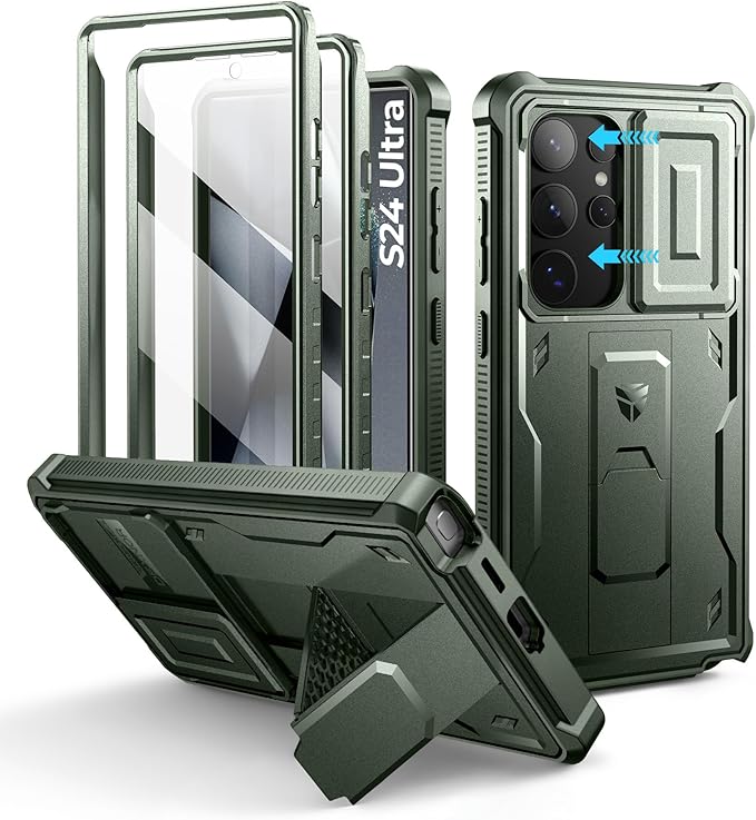 Dexnor for Samsung Galaxy S24 Ultra Case with Built-in Slide Camera Cover & Screen Protector & Kickstand,Shockproof Rugged Case Full-Body Bumper Protective Cover for Galaxy S24 Ultra (2024),Army Green