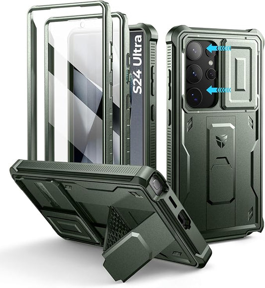 Dexnor for Samsung Galaxy S24 Ultra Case with Built-in Slide Camera Cover & Screen Protector & Kickstand,Shockproof Rugged Case Full-Body Bumper Protective Cover for Galaxy S24 Ultra (2024),Army Green