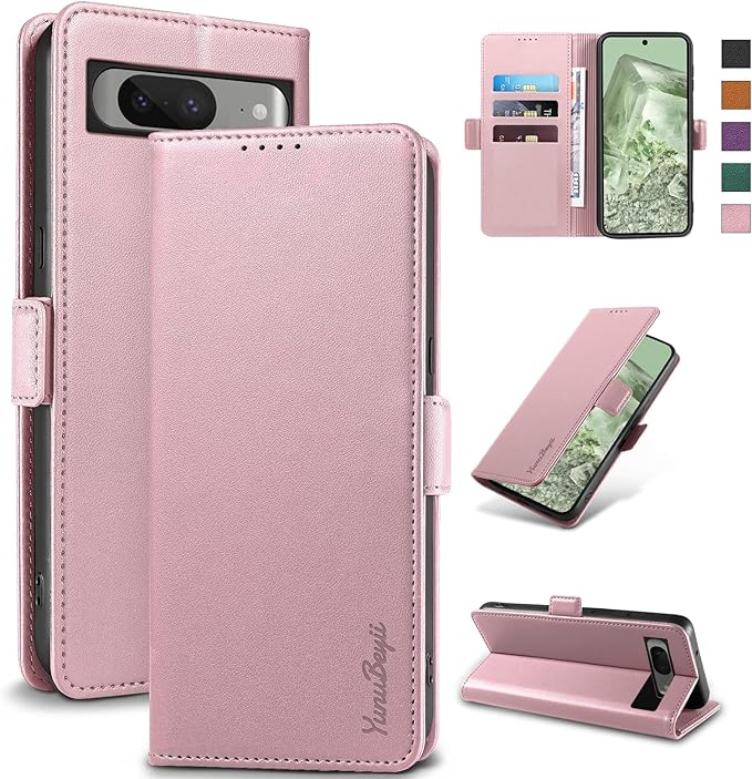 Wallet Flip Case for Google Pixel 8 - [RFID Blocking] Luxury PU Leather Card Holder Magnetic Phone Cover with Kickstand,Shockproof Protective Case,Pink