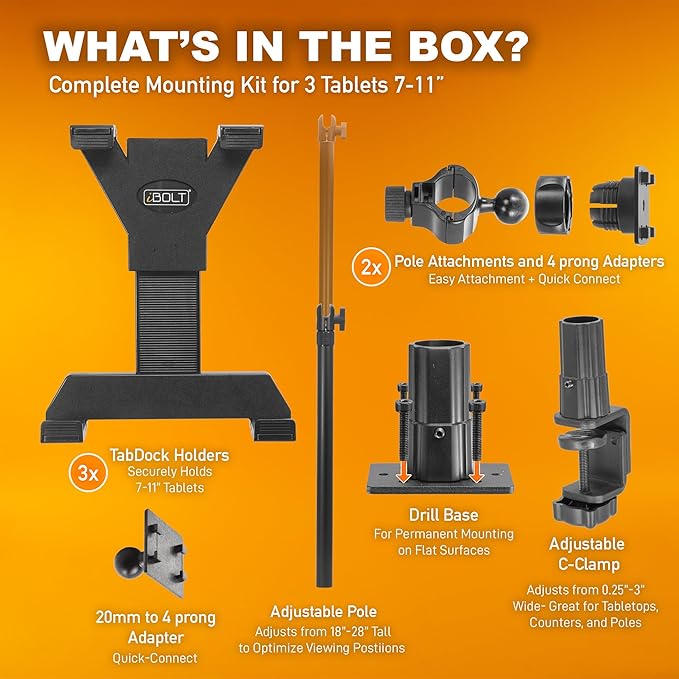 iBOLT Tablet Tower- Point of Purchase/POS Clamp Mount - with 3 TabDock Holders Perfect for Multiple delivery Applications (DoorDash, Uber eats, Postmates, etc.) Fits 7 to 10 inch Tablets