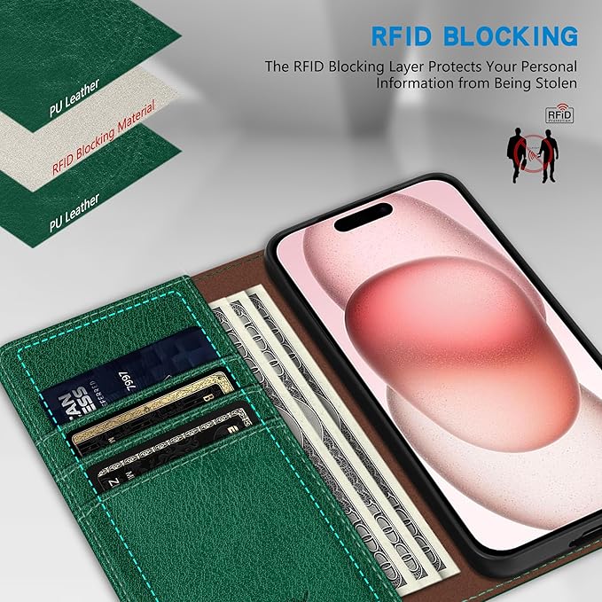 ZZXX for iPhone 15 Wallet Case with [RFID Blocking] Card Slot Stand Strong Magnetic Leather Flip Fold Protective Phone Case for iPhone 15 Case Wallet(Green-6.1 inch)