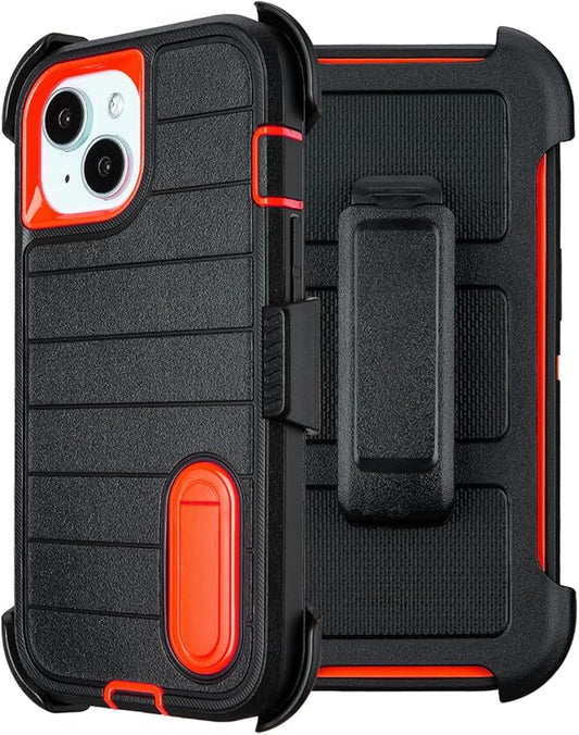 for Heavy Duty iPhone 15 Case with Belt Clip & Holster, Rugged Military Grade Shockproof Protective Cover for iPhone 15 Case with Stand 6.1 Inch (Black+Orange)