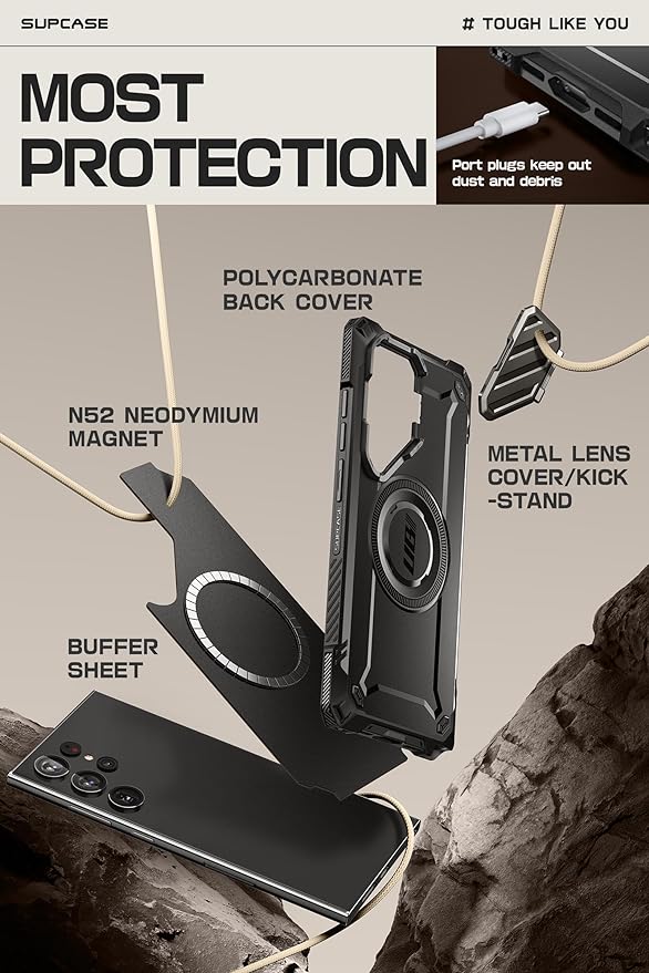 SUPCASE for Samsung Galaxy S24 Ultra Case with Stand [Built-in Camera Cover Kickstand] [S Pen Friendly] [Compatible with MagSafe] Heavy Duty Rugged Magnetic Phone Case for Galaxy S24 Ultra, Black