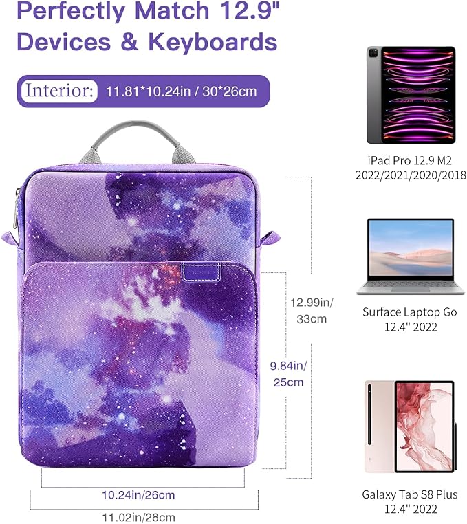MoKo 12.9 Inch Tablet Sleeve Bag, Fits with 13 Inch New iPad Pro M4 & Air M2 2024, iPad Pro 12.9 M2&M1, Galaxy Tab S8+/S9+ 12.4, Handle Carrying Case with Shoulder Strap, Purple Starry Sky