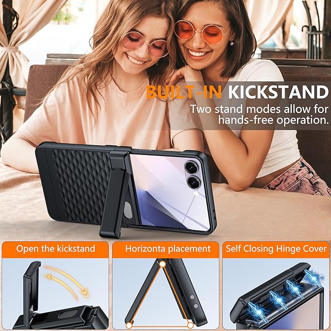 Magnetic for Samsung Galaxy Z Flip 7 Case [Hinge Protection＆Kickstand][Compatible with MagSafe][Built-in Screen Protector] Full-Body Military Protection Phone Case for Samsung Z Flip 7 Black