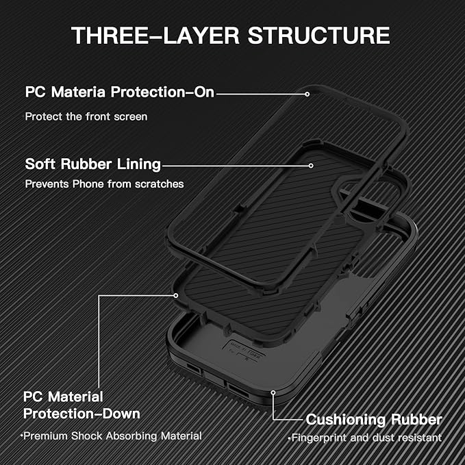 for iPhone 16 Case Shockproof Dust/Drop Proof 3-Layer Full Body Protection [Without Screen Protector] Rugged Heavy Duty Cover Case for Apple iPhone 16 6.1" 2024,Black/Black