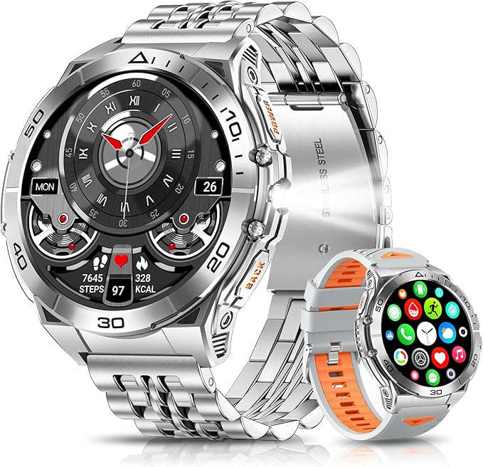 Military Smart Watch with LED Flashlight for Men, 1.6" AMOLED Bluetooth Call Watch, IP68 Waterproof Fitness Tracker with Heart Rate, SpO2, Sleep Monitor, Compatible with Android/iOS