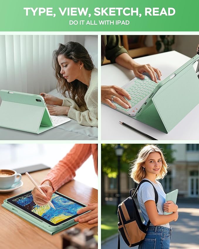 Folio Keyboard Case for iPad 10th Gen 10.9 inch (2022) and iPad 11th (A16, 2025), Magnetic Wireless Detachable Keyboard, 7-Color Backlight, Thin & Light, Pencil Holder (Green)