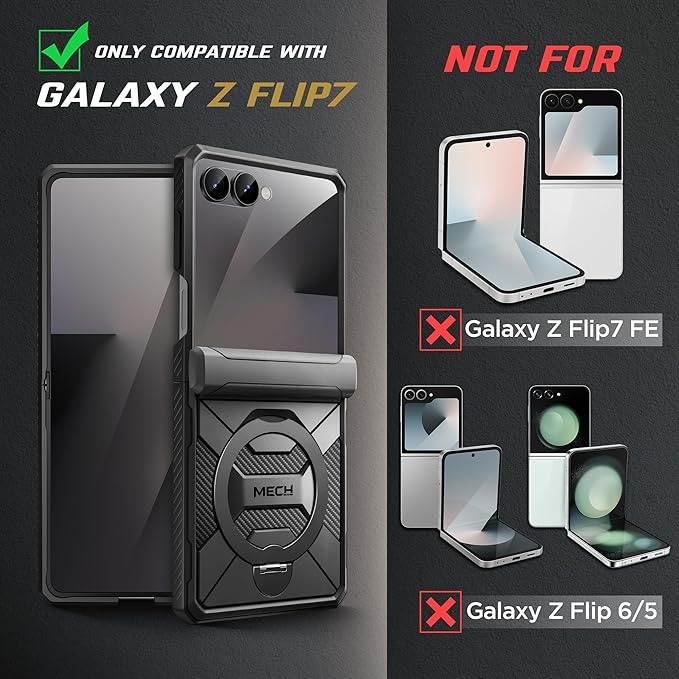 TONGATE 360° Spin Magnetic Stand for Z Flip 7 Case with Screen Protector, [Compatible with Magsafe] [Anti Slip] Full-Body Shockproof Samsung Galaxy Z Flip 7 Case with Hinge Protection, Black