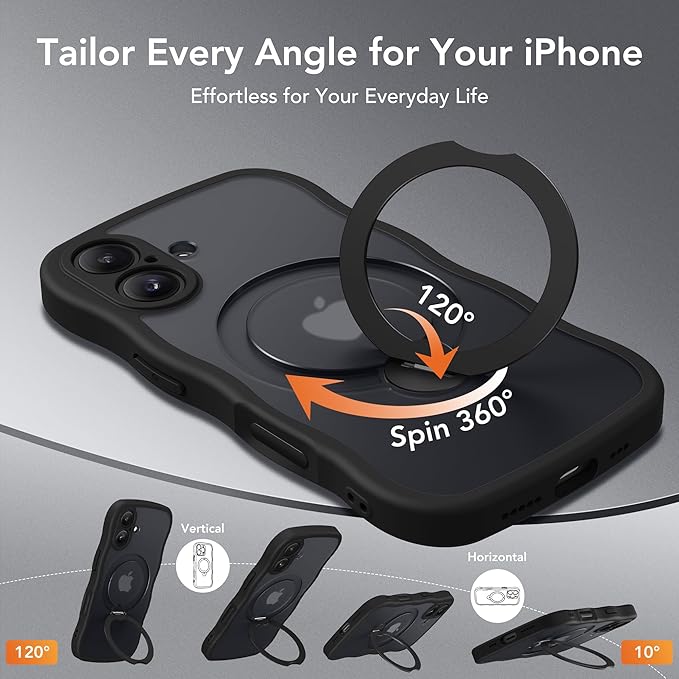GolbinBox for iPhone 16 Plus Case,[Compatible with Magsafe][360° Spin Magnetic Stand][Military-Grade Protection][Camera Control][Cute Wave Edge] Translucent Matte Women Phone Cover for 16 Plus, Black