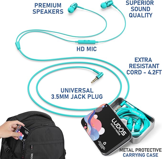 LUDOS OMNITONE Wired Earbuds in-Ear Headphones, 5 Years Warranty, Earphones with Microphone, 3.5 mm Jack Corded Ear Buds, Videoconference for iPhone, Samsung, Laptop, Kids, School Students - Turquoise