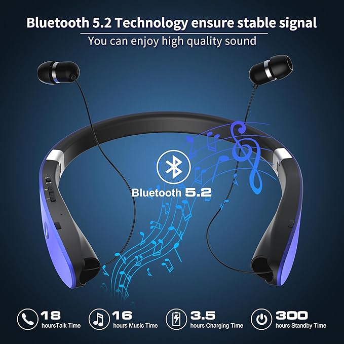 AMORNO Foldable Bluetooth Headphones Wireless Neckband Headset with Retractable Earbuds, Sports Sweatproof Noise Cancelling Stereo Earphones with Mic