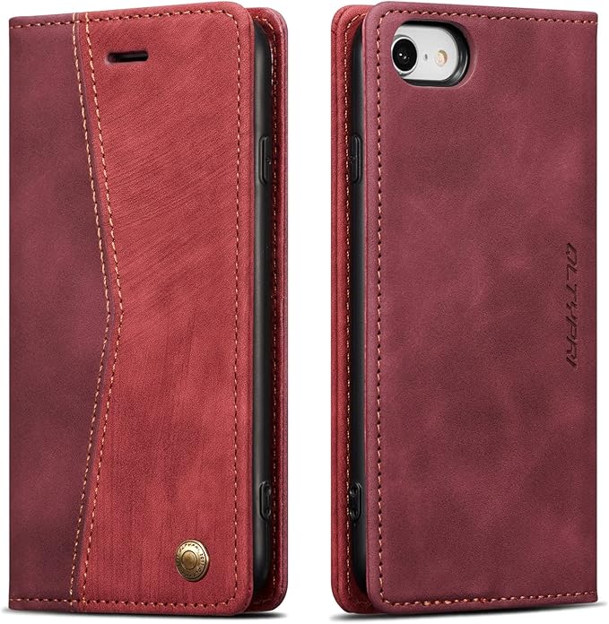 QLTYPRI Case for iPhone 16e, Vintage PU Leather Wallet Case Card Slot Kickstand Magnetic Closure Shockproof Flip Folio Cover for iPhone 16e - Retro Wine Red