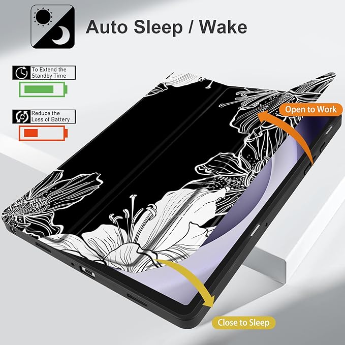 MEEgoodo Case for Samsung Galaxy Tab A9 Plus 11 inch Cover 2024 2023 with S Pen Holder, A9+ Smart Tablet Cases with Leather Trifold Stand+Soft TPU Back Shell+Smart Auto Wake/Sleep, Lily Floral