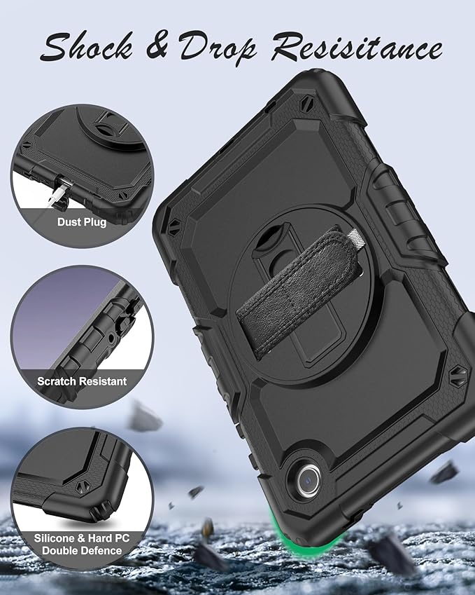 Case for Samsung Galaxy Tab A9 Tablet Case 8.7 inch 2023 [with Tempered Glass Screen Protector], Rotatable Kickstand, S Pen Holder, Hand/Shoulder Strap (Black)