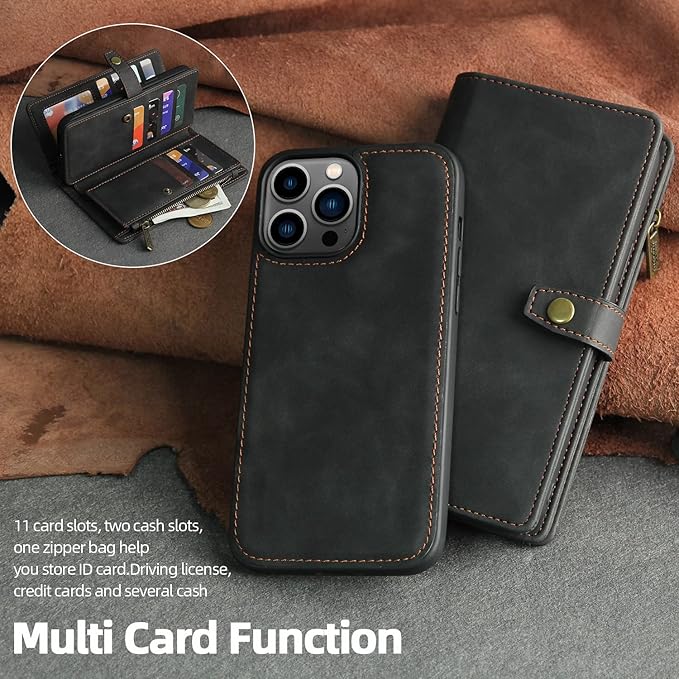 TwoHead for iPhone 13 Pro Max Wallet Case with Card Holder & Detachable Magnetic Phone Case, Leather All-Round Protection Phone Case Wallet for Women/Men,6.7 in, Black