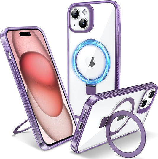 Magnetic Case for iPhone 15 - [Built-in Invisible Stand] [Compatible with MagSafe] [Military Grade Drop Protection] Anti-Yellowing Hard Back Silicone Edge Cover, 6.1", Clear Purple