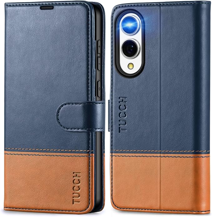 TUCCH Case Wallet for Galaxy S25 Edge, PU Leather Magnetic Kickstand [RFID Blocking] 4 Card Slot Folio Flip Cover with [TPU Shockproof Interior Case] Compatible with Galaxy S25 Edge 6.7", Blue & Brown