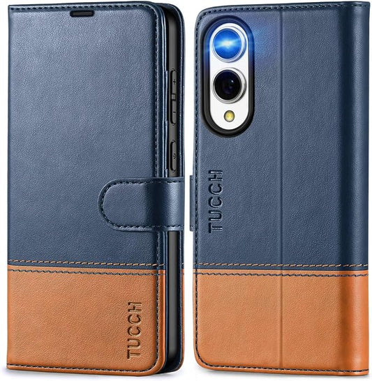 TUCCH Case Wallet for Galaxy S25 Edge, PU Leather Magnetic Kickstand [RFID Blocking] 4 Card Slot Folio Flip Cover with [TPU Shockproof Interior Case] Compatible with Galaxy S25 Edge 6.7", Blue & Brown