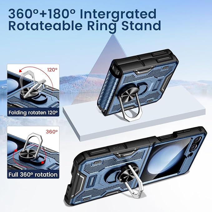 VEGO for Samsung Flip 5 Case with Belt Clip Holster, Hinge Protection with 360°Ring Magnetic Kickstand & Camera Screen Protector Heavy Duty Protective Armor Cover - Blue