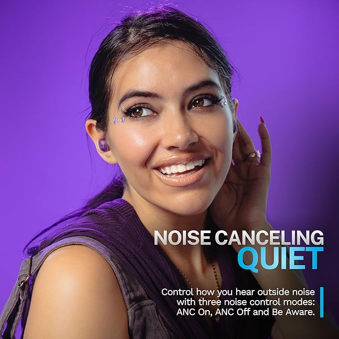 JLab Go Pop ANC True Wireless Earbuds & Charging Case, Transparent Purple, Active Noise Cancelling, 10mm Drivers, Dual Connect, Customize Your Sound with App, Be Aware Mode, MEMS Microphone