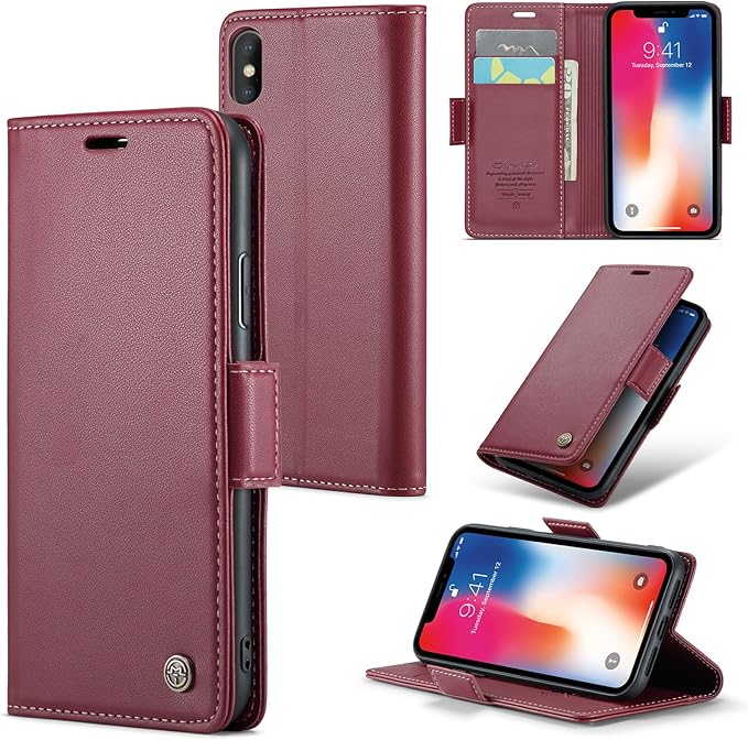 for iPhone X Case/iPhone Xs Case, Premium PU Leather Wallet Case Flip Cover with [RFID Blocking][Card Holder][Stand Function] Shockproof Protective for iPhone X/XS, Red