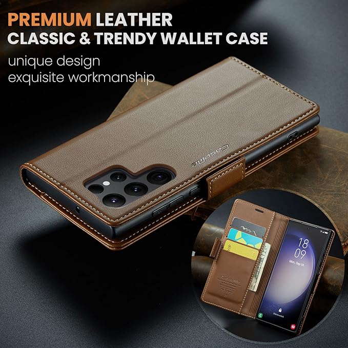 AUPAI for Samsung Galaxy S23 Ultra Wallet Case with Credit Card Holder, PU Leather RFID Blocking Folio Flip Kickstand Magnetic Clasp Protective Phone Cover for Women Men Brown