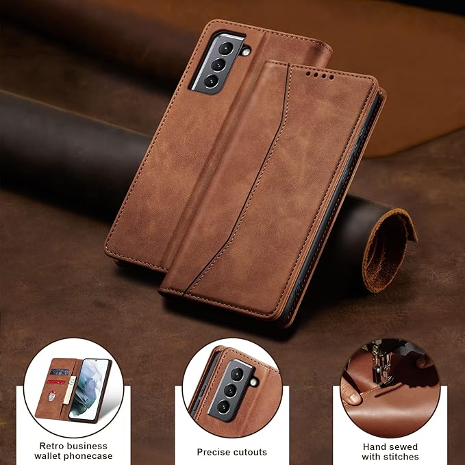 Jasonyu Flip Wallet Case for Samsung Galaxy S21 5G,Leather Magnetic Folio Cover with Card Holder,Kickstand - TPU Shockproof Durable Protective Phone Case,Brown